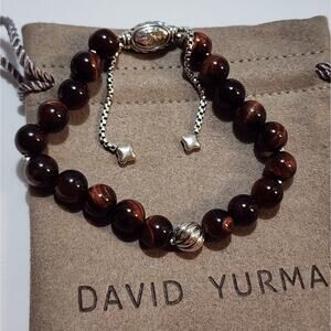 David Yurman Sterling Silver Red Tiger's Eye Spiritual‎ Bead Bracelet Adjustable